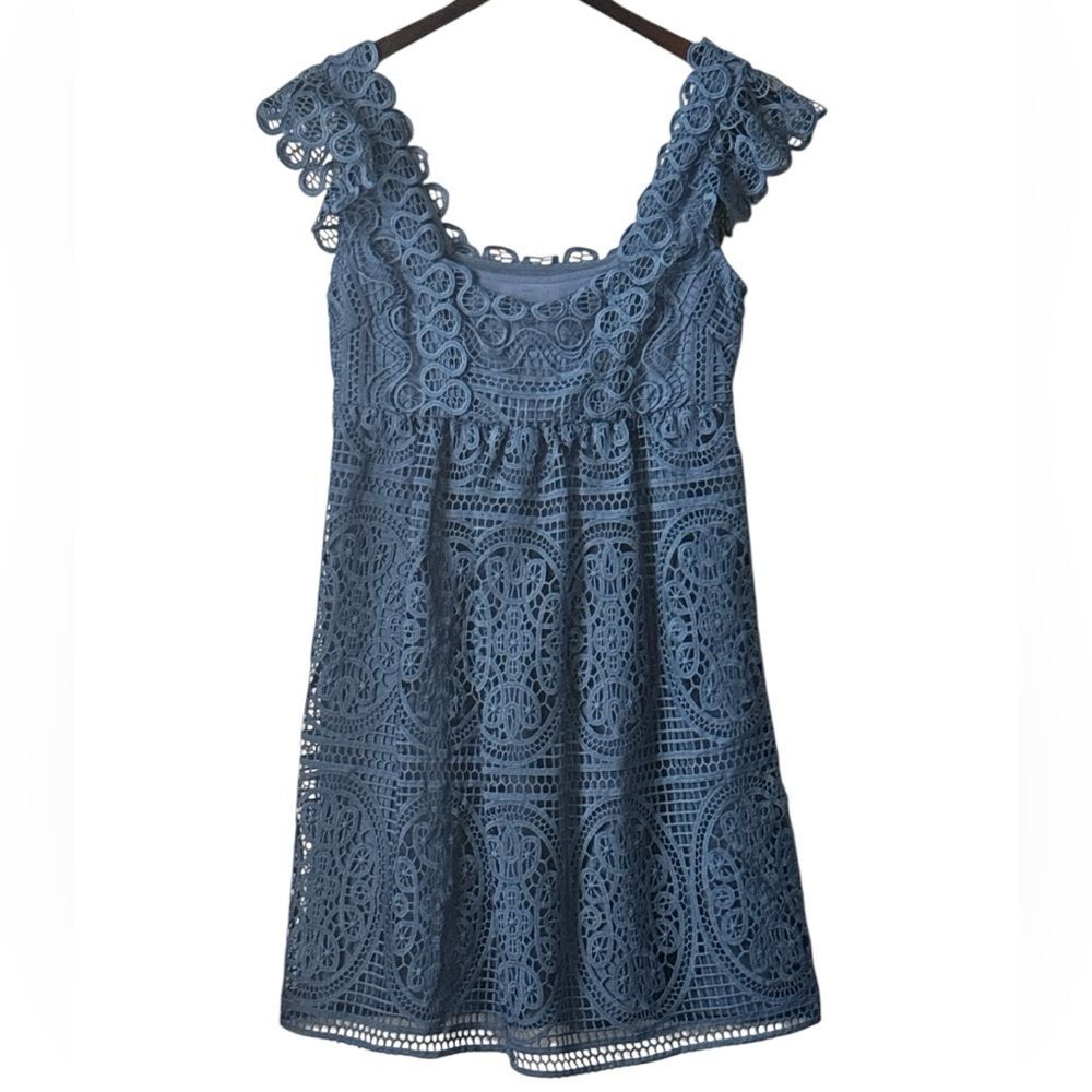 Temperley London Lace Mini Dress Blue Cap Sleeve 💯 Cotton Lined. Sz 6 US 10 UK